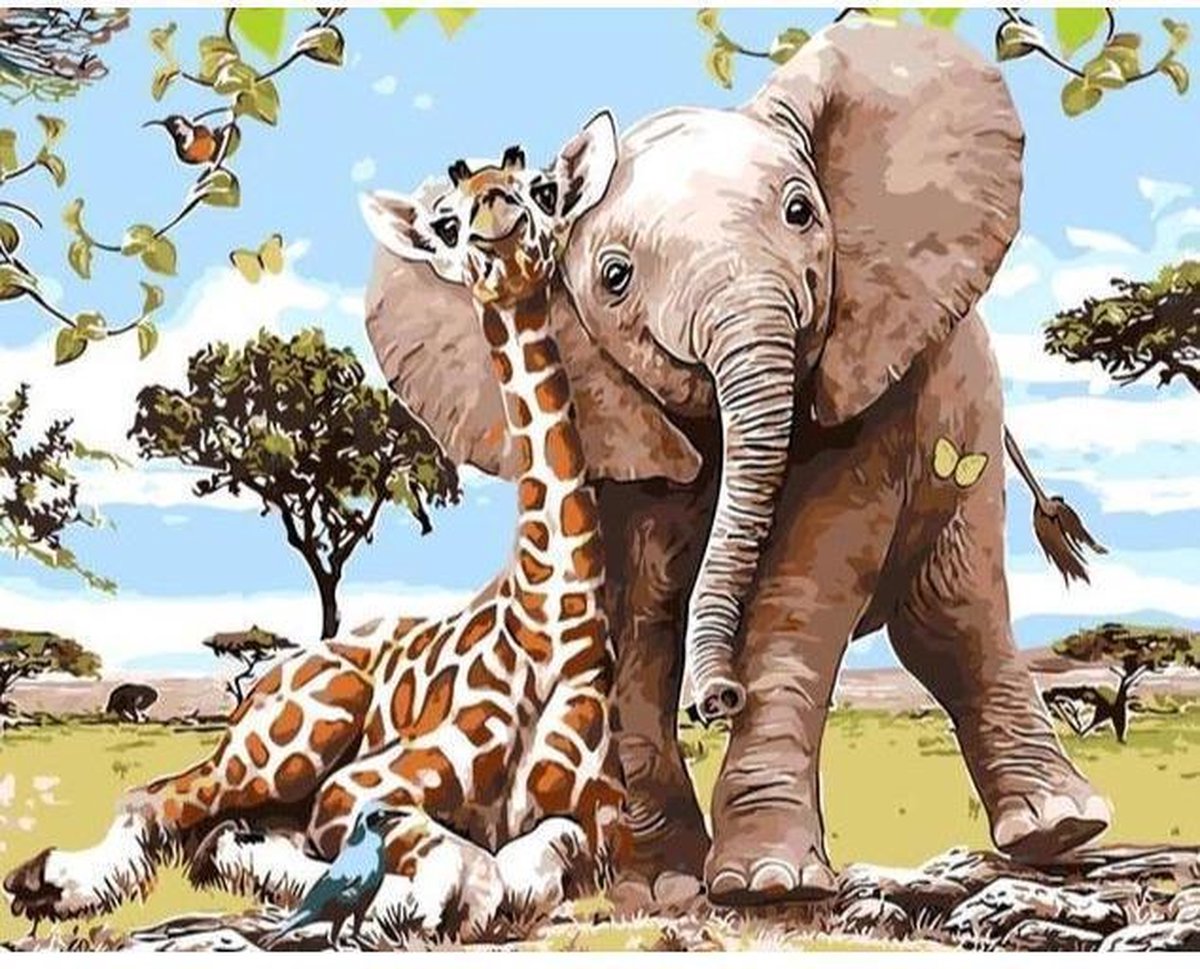 Schilderen op Nummer | Olifant en Giraffe - 40x50cm - Exclusief Lijst (24 kleurtjes)